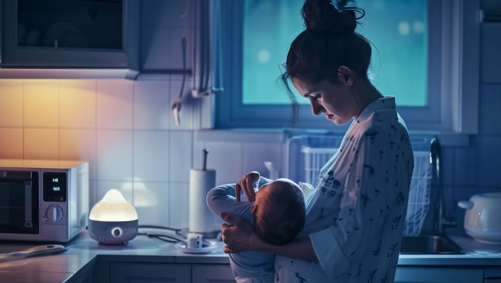 Maman et son bébé dans la cuisine avec un Chauffe Biberon